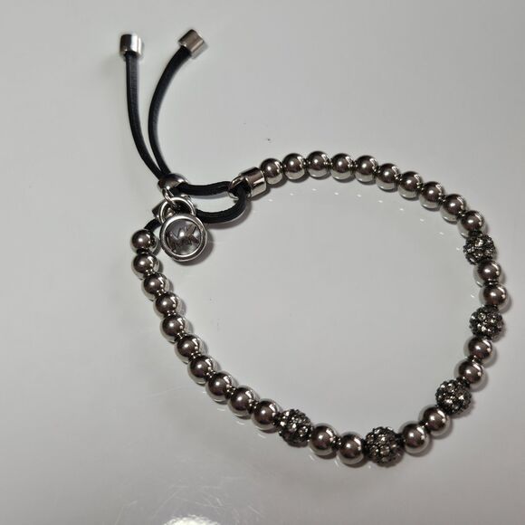 Michael Kors Slider Bracelet | Silver and Rhinestone Beaded Adjustable - Picture 12 of 13